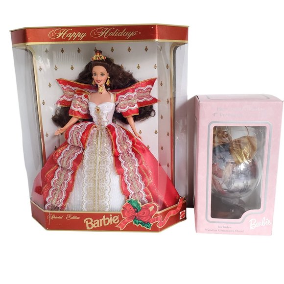 1997 Mattel Holiday Barbie & Matching Ornament with Stand Christmas Collectible